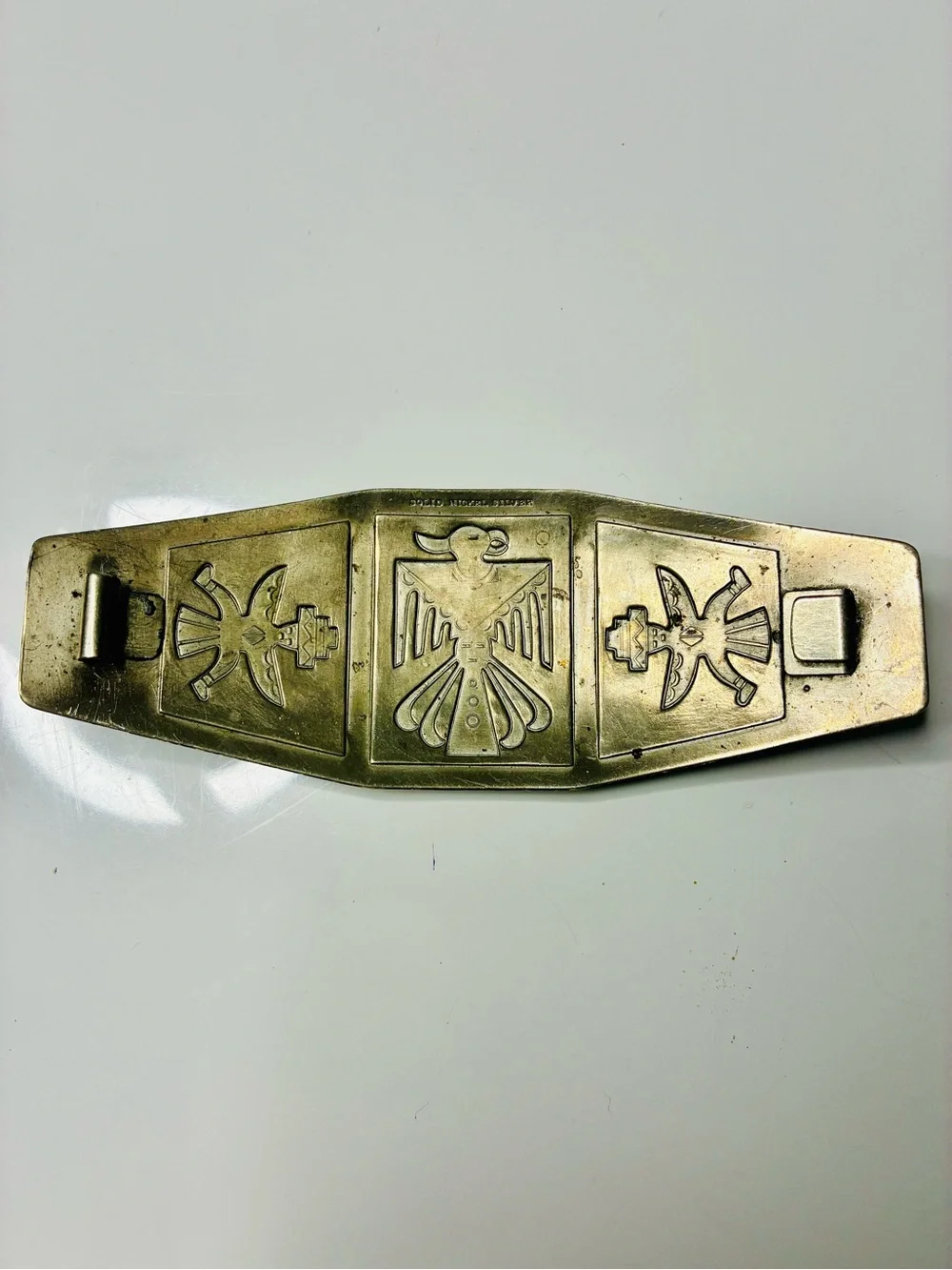 Solid Nickel Silver Native American Thunderbird with 2 Kachinas’s Belt Buckle